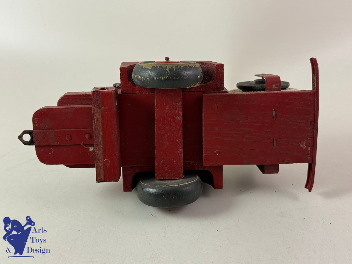 JOUET ANCIEN JMR LORENZI RARE JEEP BOIS ET TOLE POMPIER AV REMORQUE L 43CM