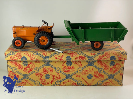JOUET ANCIEN CIJ 8/82 TRACTEUR RENAULT MECANIQUE ORANGE AV REMORQUE 1/10° 1952