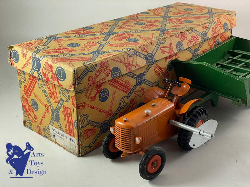JOUET ANCIEN CIJ 8/82 TRACTEUR RENAULT MECANIQUE ORANGE AV REMORQUE 1/10° 1952