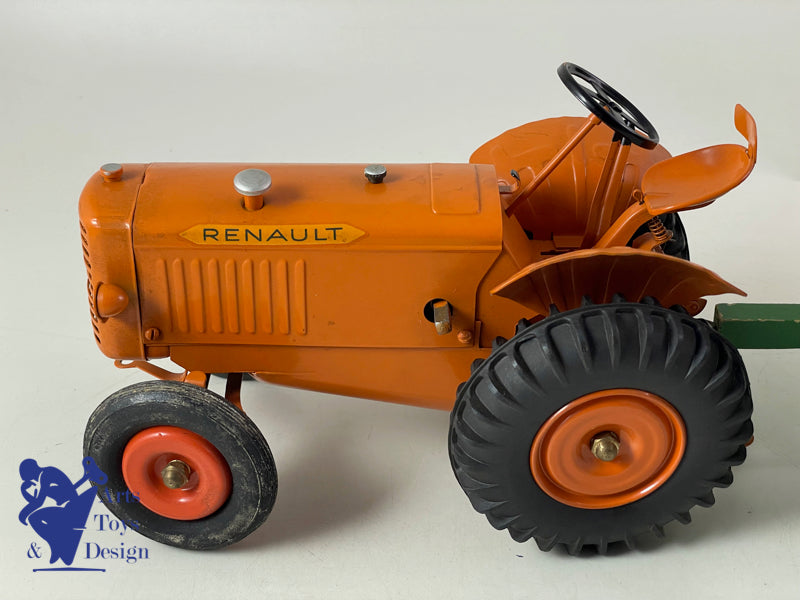JOUET ANCIEN CIJ 8/82 TRACTEUR RENAULT MECANIQUE ORANGE AV REMORQUE 1/10° 1952
