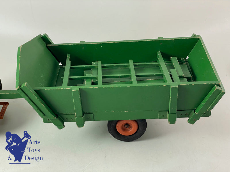 JOUET ANCIEN CIJ 8/82 TRACTEUR RENAULT MECANIQUE ORANGE AV REMORQUE 1/10° 1952