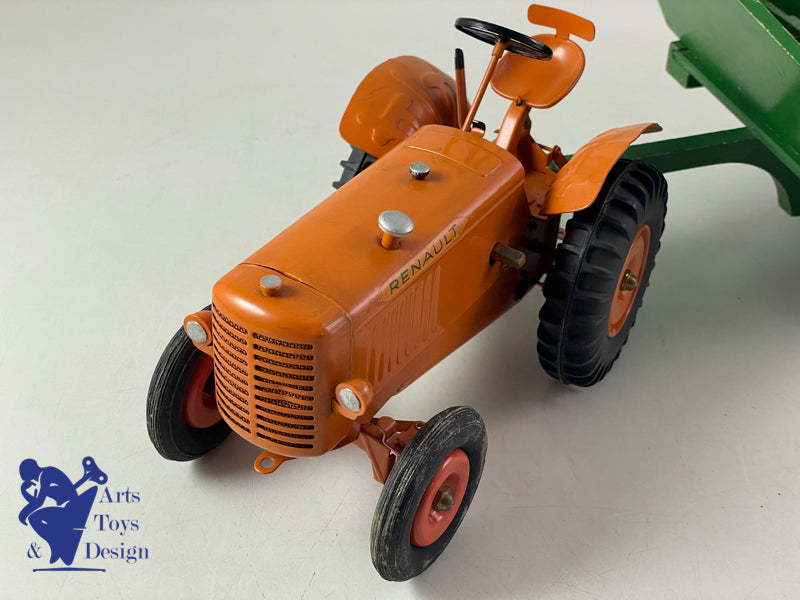 JOUET ANCIEN CIJ 8/82 TRACTEUR RENAULT MECANIQUE ORANGE AV REMORQUE 1/10° 1952