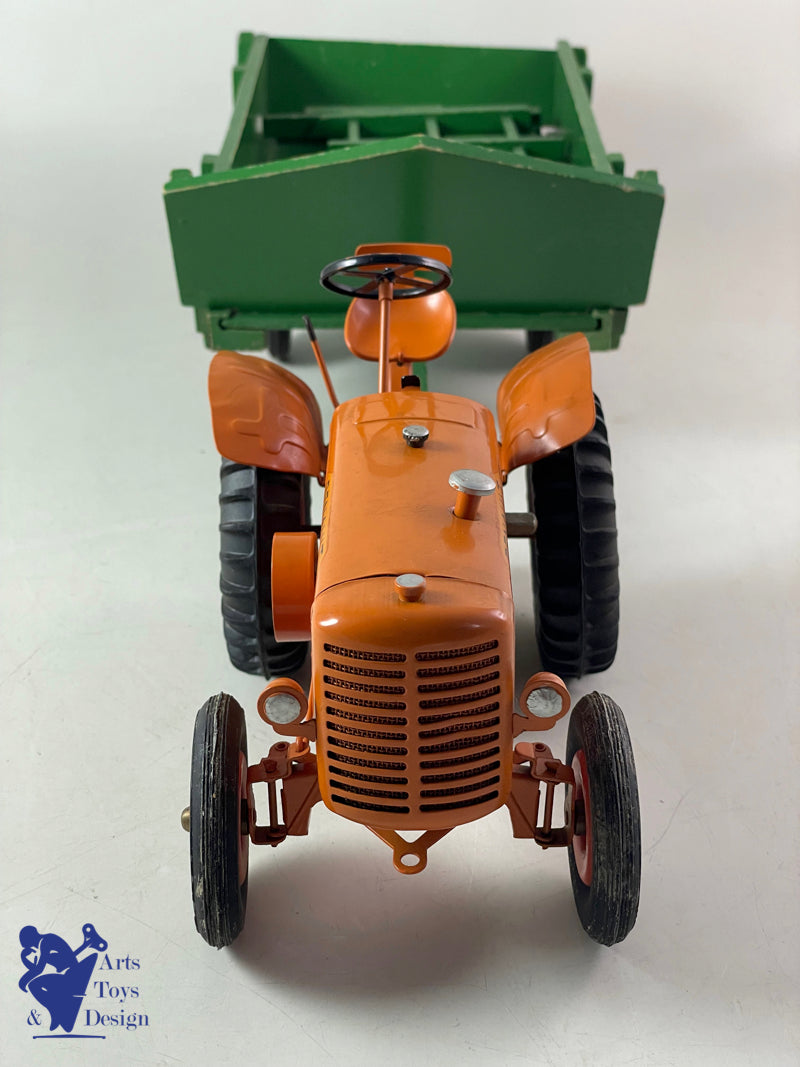 JOUET ANCIEN CIJ 8/82 TRACTEUR RENAULT MECANIQUE ORANGE AV REMORQUE 1/10° 1952