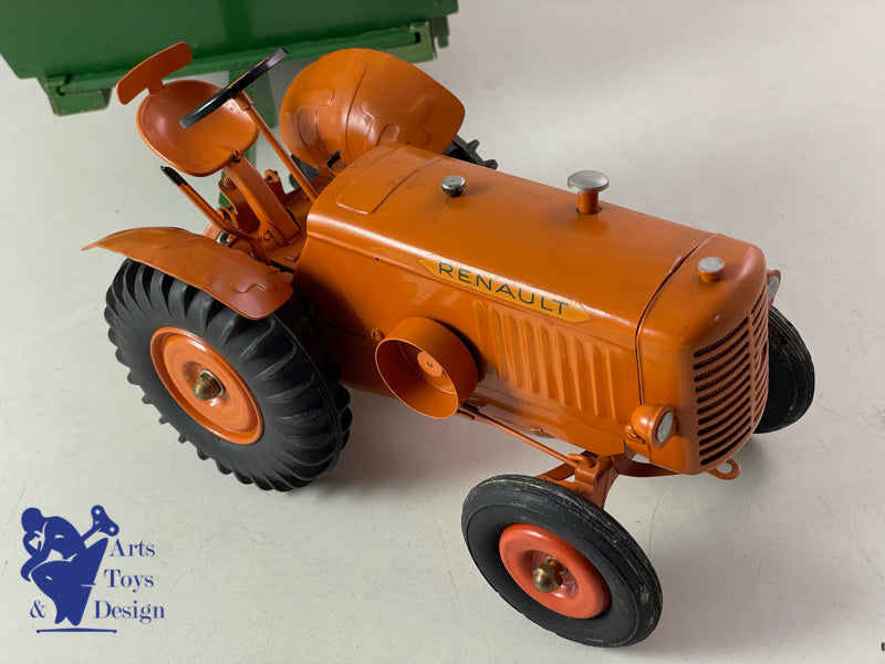 JOUET ANCIEN CIJ 8/82 TRACTEUR RENAULT MECANIQUE ORANGE AV REMORQUE 1/10° 1952