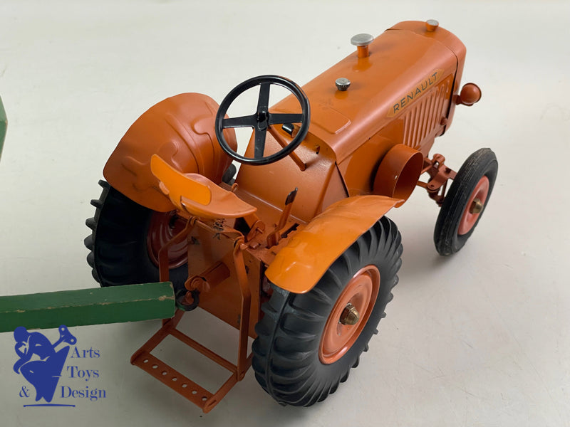 JOUET ANCIEN CIJ 8/82 TRACTEUR RENAULT MECANIQUE ORANGE AV REMORQUE 1/10° 1952