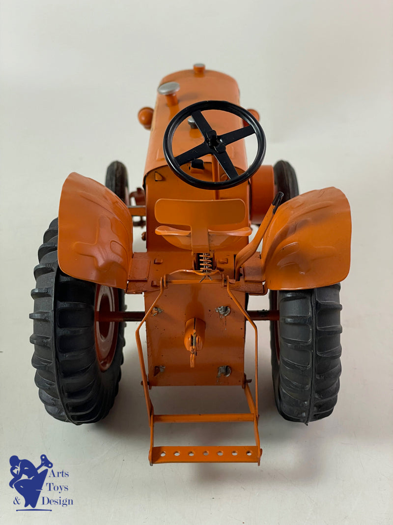 JOUET ANCIEN CIJ 8/82 TRACTEUR RENAULT MECANIQUE ORANGE AV REMORQUE 1/10° 1952