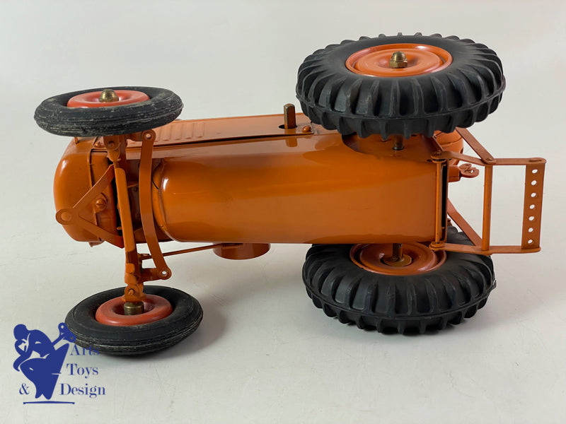 JOUET ANCIEN CIJ 8/82 TRACTEUR RENAULT MECANIQUE ORANGE AV REMORQUE 1/10° 1952