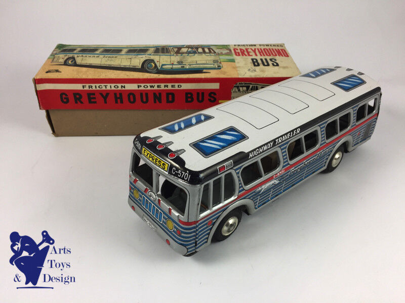 JOUET ANCIEN ICHIMURA JAPAN AUTOCAR TOLE GREYHOUND FRICTION 26CM C.1960 AV BOITE