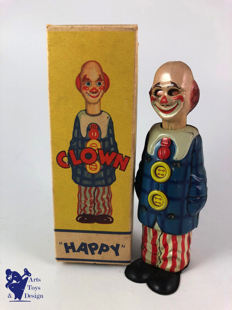 Antique toy Distler C.1950 HAPPY CLOWN Clockwork with box H 15cm