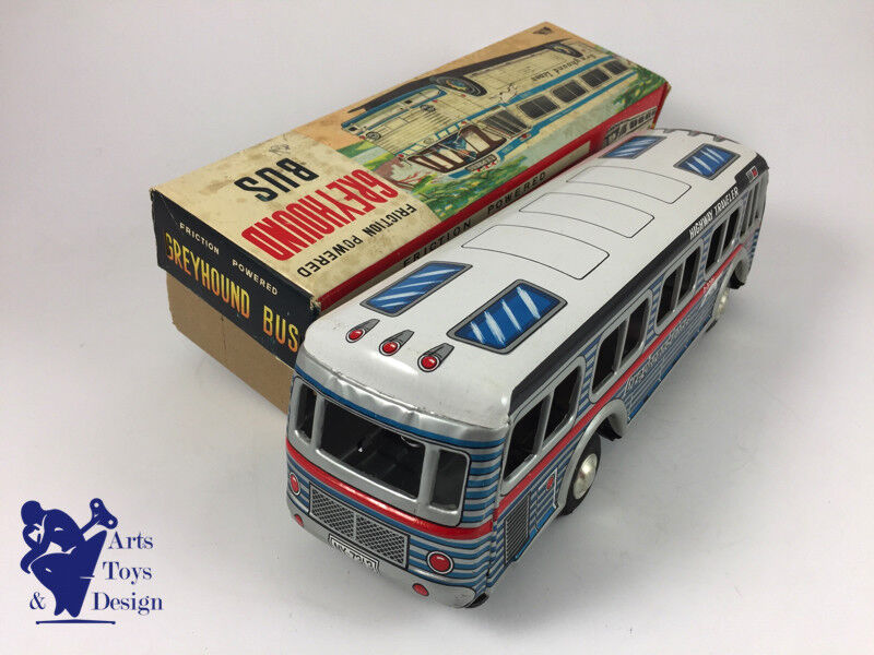JOUET ANCIEN ICHIMURA JAPAN AUTOCAR TOLE GREYHOUND FRICTION 26CM C.1960 AV BOITE