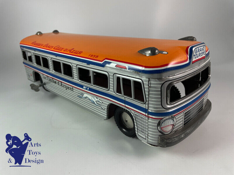 Antique toy France Jouets Bus giant silver arrow Clockwork 45cm 1960