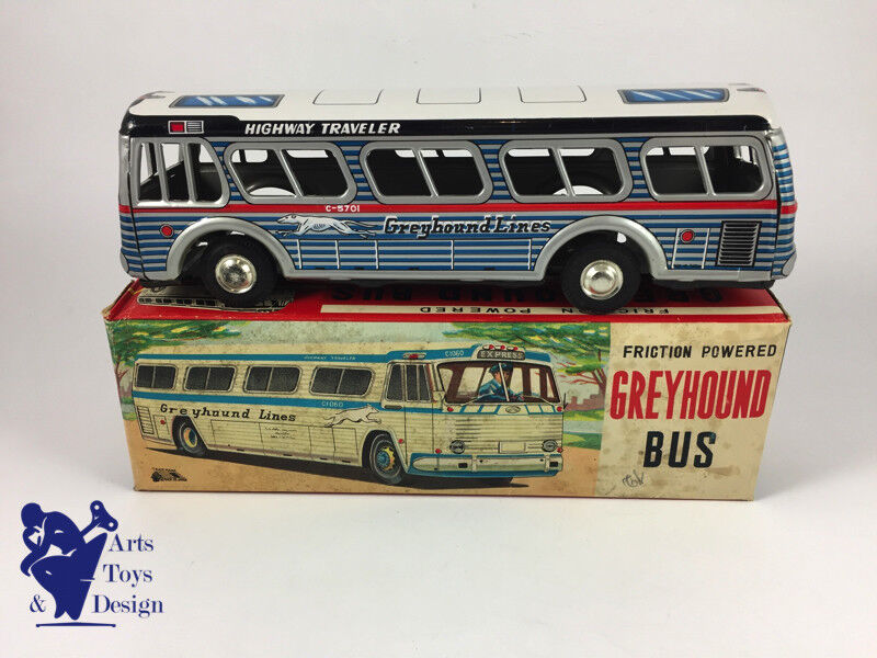 JOUET ANCIEN ICHIMURA JAPAN AUTOCAR TOLE GREYHOUND FRICTION 26CM C.1960 AV BOITE
