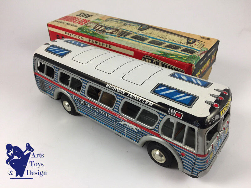 JOUET ANCIEN ICHIMURA JAPAN AUTOCAR TOLE GREYHOUND FRICTION 26CM C.1960 AV BOITE