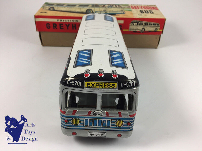 JOUET ANCIEN ICHIMURA JAPAN AUTOCAR TOLE GREYHOUND FRICTION 26CM C.1960 AV BOITE