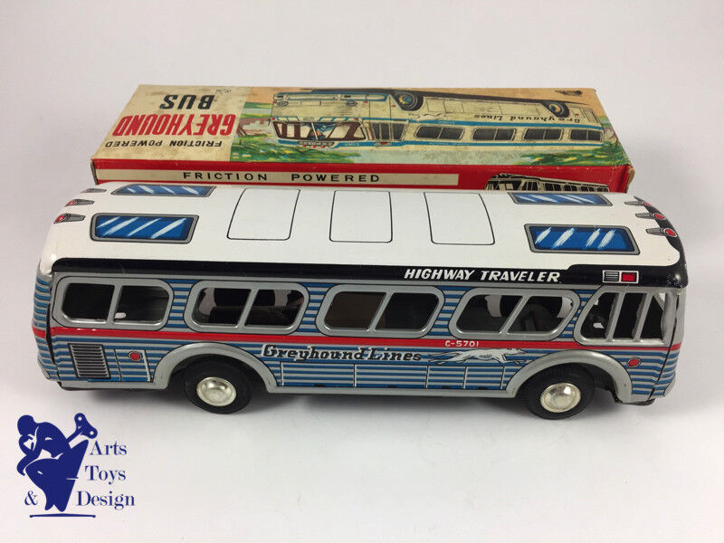 JOUET ANCIEN ICHIMURA JAPAN AUTOCAR TOLE GREYHOUND FRICTION 26CM C.1960 AV BOITE