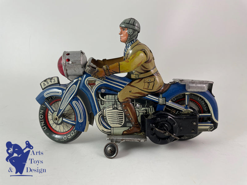 Antique toy Arnold A643 Blue Civil Motorcycle Clockwork circa 1950 L19cm