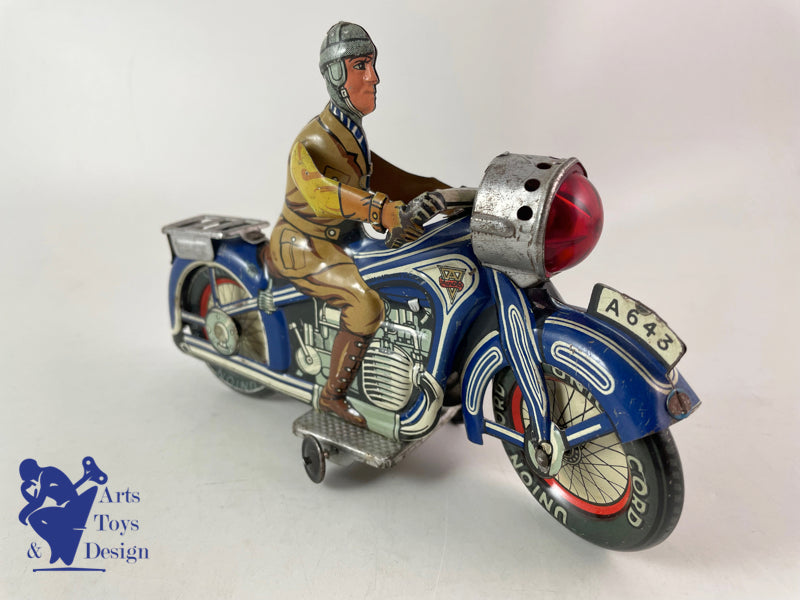 Antique toy Arnold A643 Blue Civil Motorcycle Clockwork circa 1950 L19cm