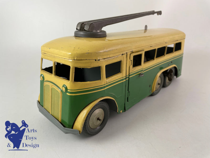 JOUET ANCIEN JOUSTRA AUTOCAR TROLLEY MECANIQUE VERS 1950 L 30CM