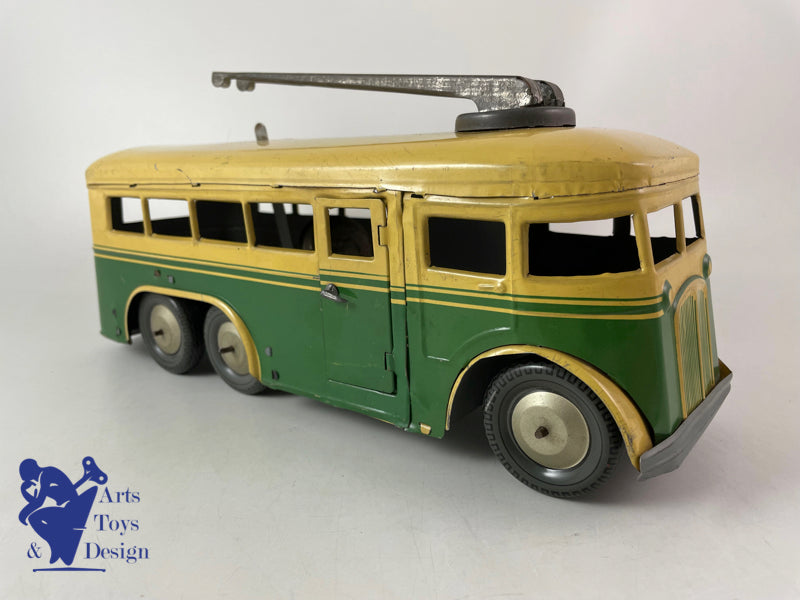 JOUET ANCIEN JOUSTRA AUTOCAR TROLLEY MECANIQUE VERS 1950 L 30CM