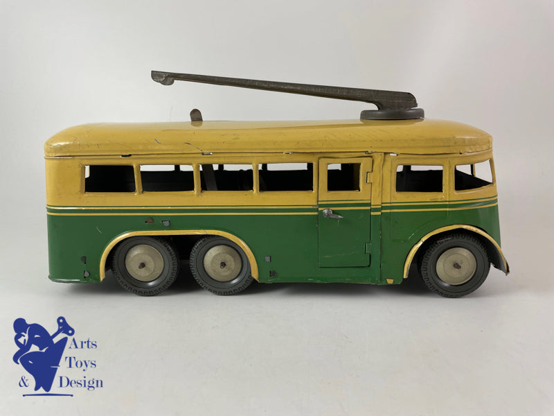 JOUET ANCIEN JOUSTRA AUTOCAR TROLLEY MECANIQUE VERS 1950 L 30CM