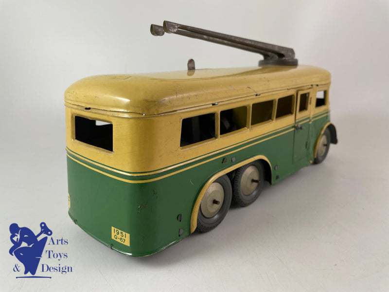 JOUET ANCIEN JOUSTRA AUTOCAR TROLLEY MECANIQUE VERS 1950 L 30CM