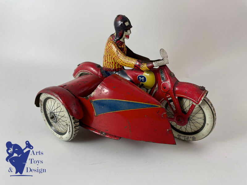 JOUET ANCIEN JML MOTO SIDE CAR TOLE MECANIQUE L.20 CM VERS 1930