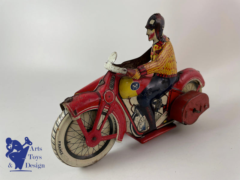 JOUET ANCIEN JML MOTO SIDE CAR TOLE MECANIQUE L.20 CM VERS 1930
