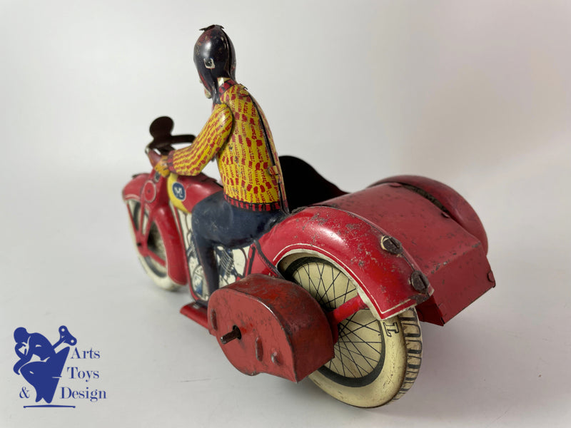 JOUET ANCIEN JML MOTO SIDE CAR TOLE MECANIQUE L.20 CM VERS 1930