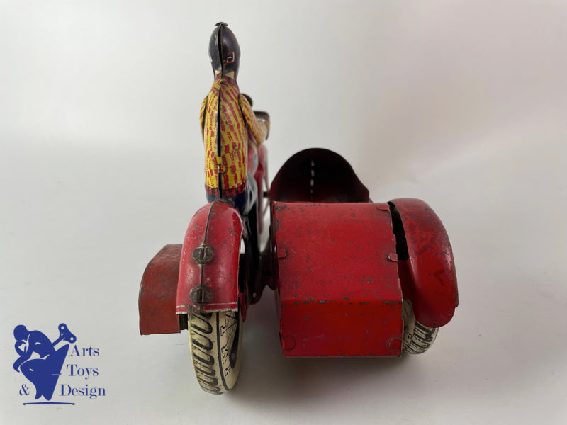 JOUET ANCIEN JML MOTO SIDE CAR TOLE MECANIQUE L.20 CM VERS 1930