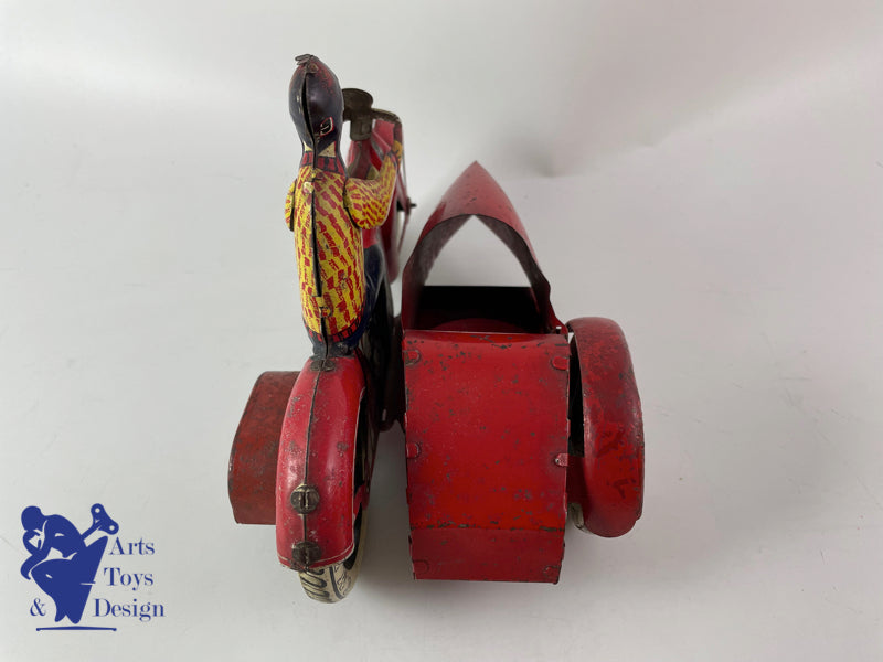 JOUET ANCIEN JML MOTO SIDE CAR TOLE MECANIQUE L.20 CM VERS 1930
