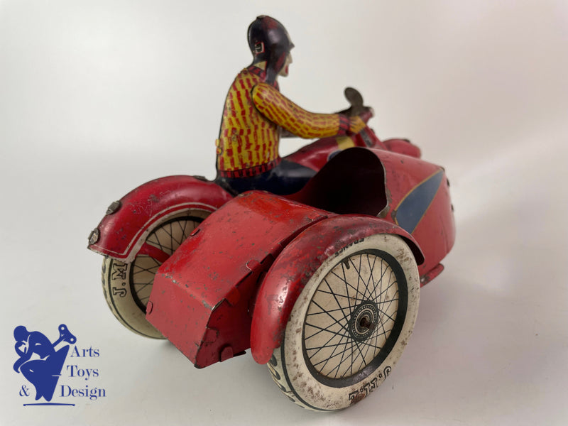 JOUET ANCIEN JML MOTO SIDE CAR TOLE MECANIQUE L.20 CM VERS 1930