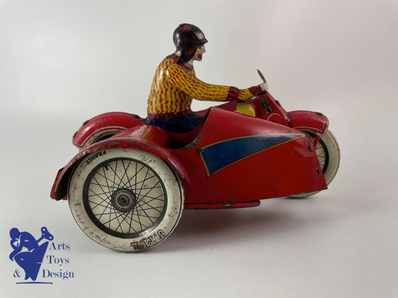 JOUET ANCIEN JML MOTO SIDE CAR TOLE MECANIQUE L.20 CM VERS 1930