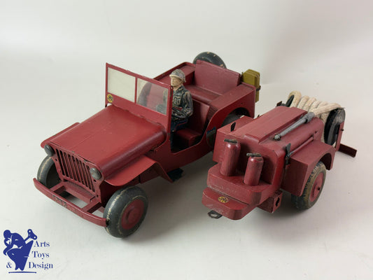 JOUET ANCIEN JMR LORENZI RARE JEEP BOIS ET TOLE POMPIER AV REMORQUE L 43CM