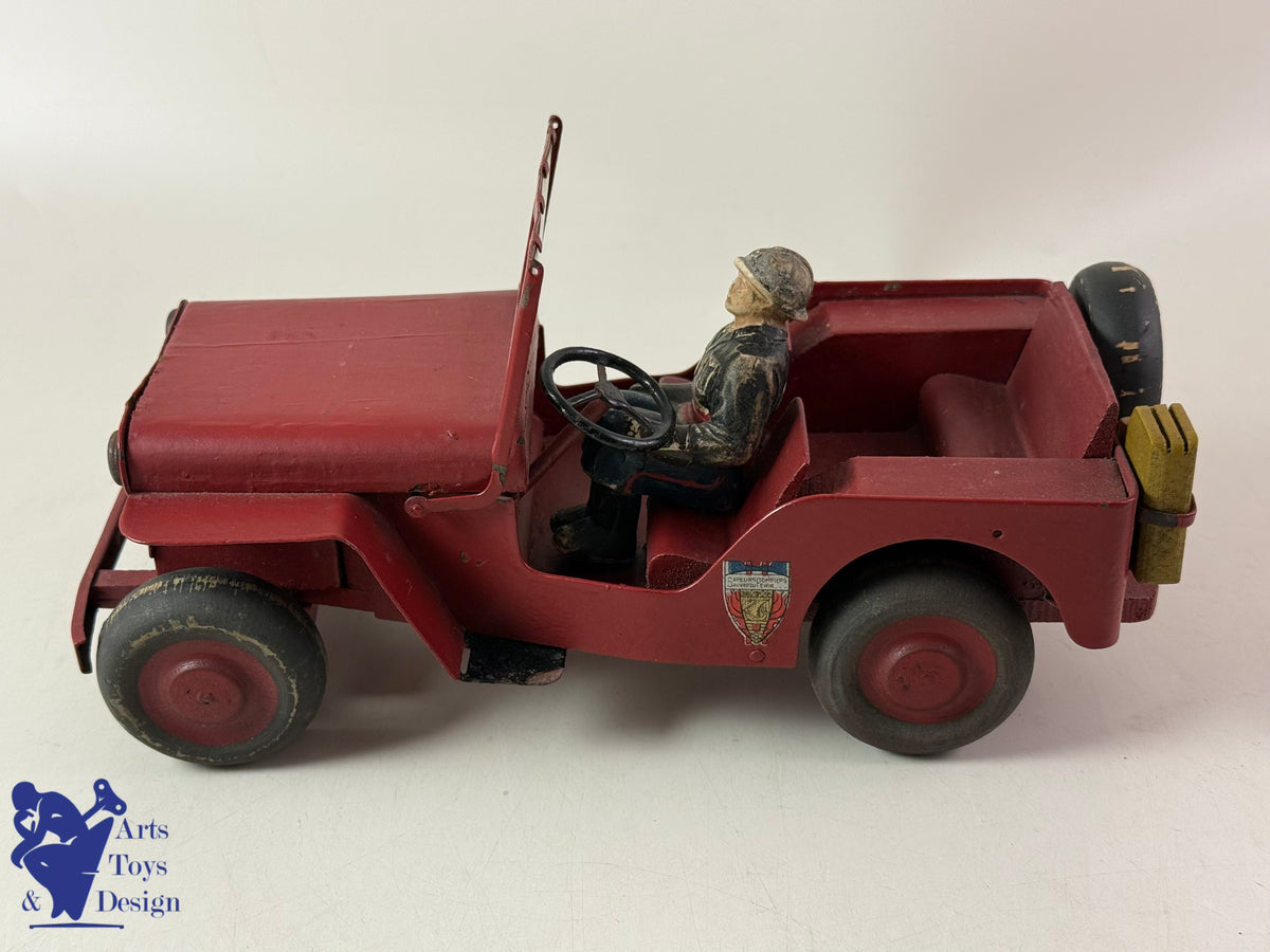 JOUET ANCIEN JMR LORENZI RARE JEEP BOIS ET TOLE POMPIER AV REMORQUE L 43CM