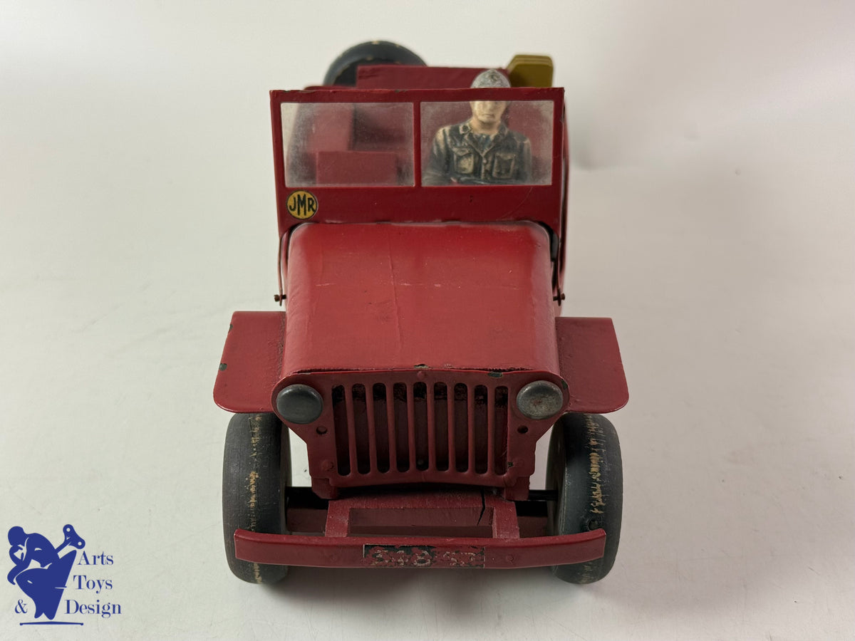 JOUET ANCIEN JMR LORENZI RARE JEEP BOIS ET TOLE POMPIER AV REMORQUE L 43CM