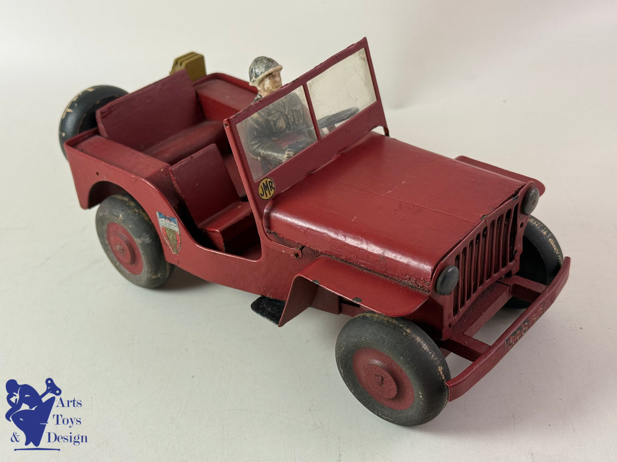 JOUET ANCIEN JMR LORENZI RARE JEEP BOIS ET TOLE POMPIER AV REMORQUE L 43CM