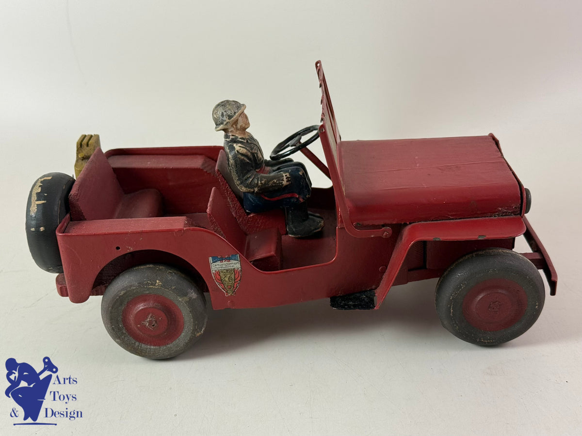 JOUET ANCIEN JMR LORENZI RARE JEEP BOIS ET TOLE POMPIER AV REMORQUE L 43CM