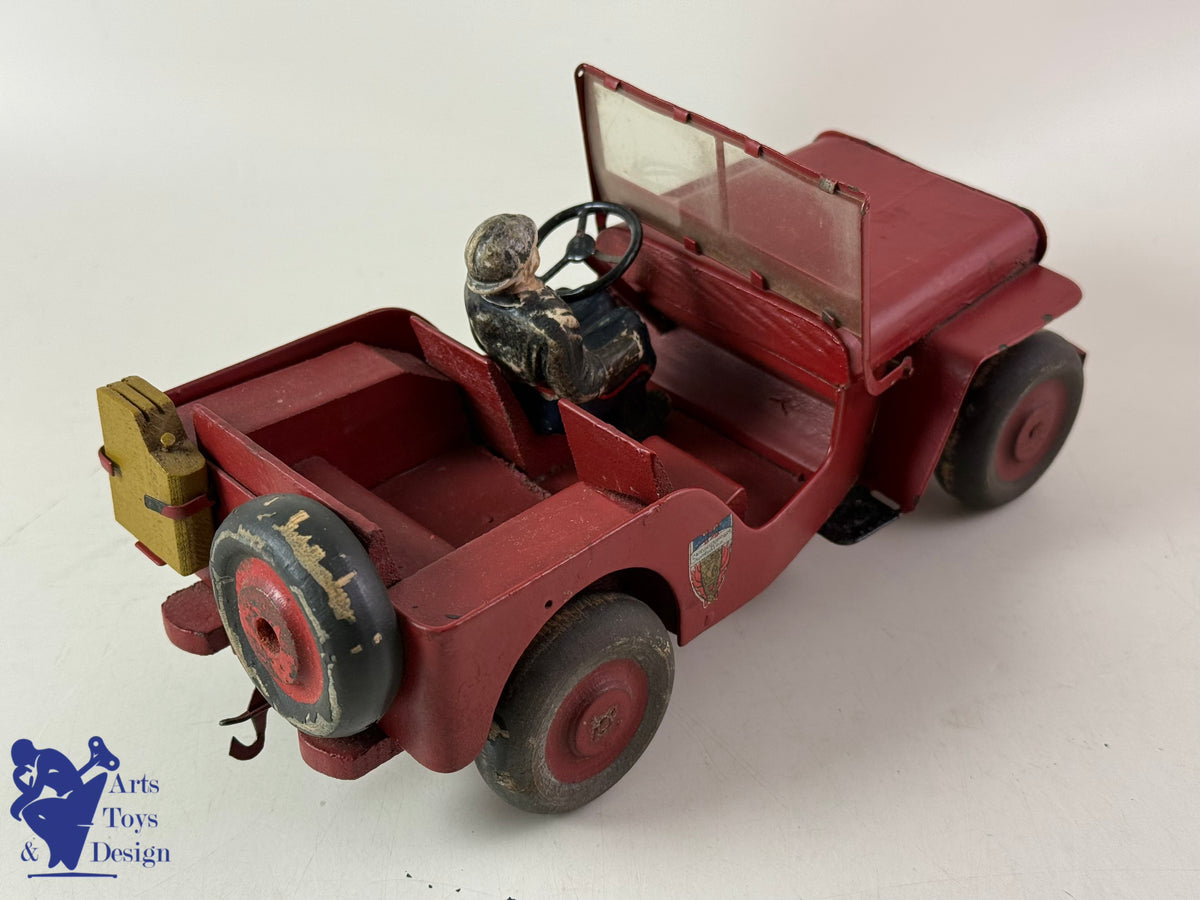 JOUET ANCIEN JMR LORENZI RARE JEEP BOIS ET TOLE POMPIER AV REMORQUE L 43CM
