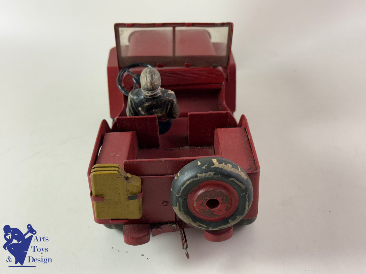 JOUET ANCIEN JMR LORENZI RARE JEEP BOIS ET TOLE POMPIER AV REMORQUE L 43CM