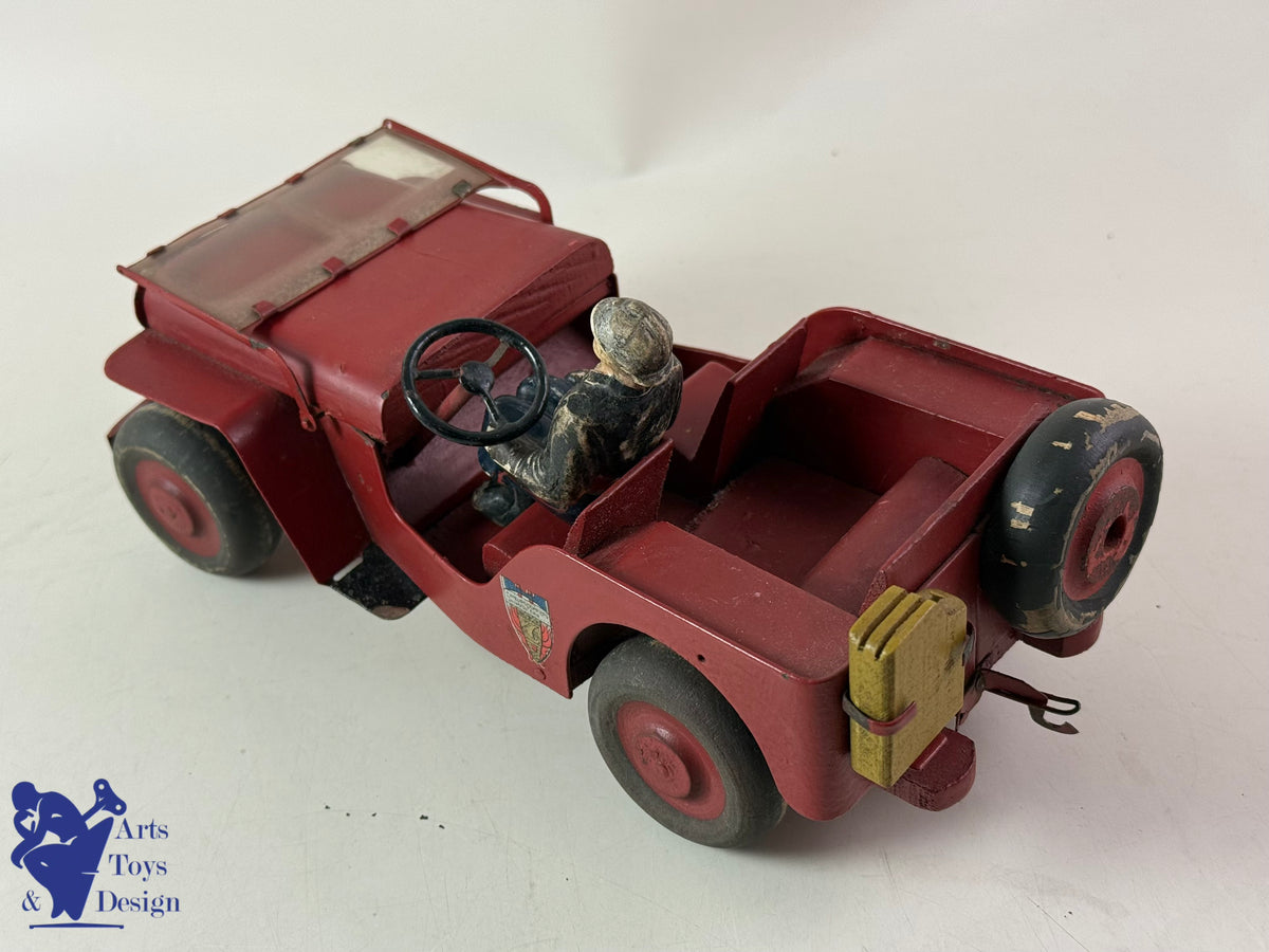 JOUET ANCIEN JMR LORENZI RARE JEEP BOIS ET TOLE POMPIER AV REMORQUE L 43CM