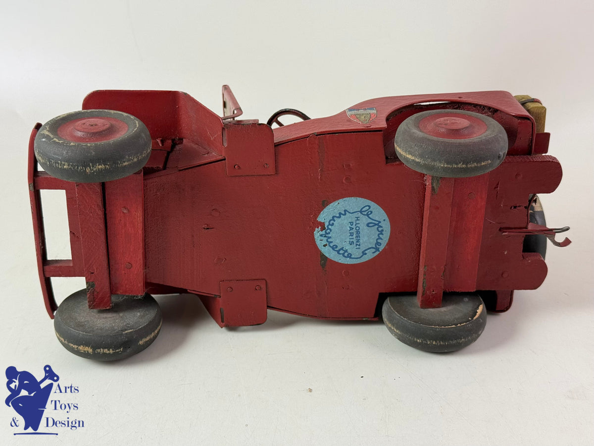 JOUET ANCIEN JMR LORENZI RARE JEEP BOIS ET TOLE POMPIER AV REMORQUE L 43CM