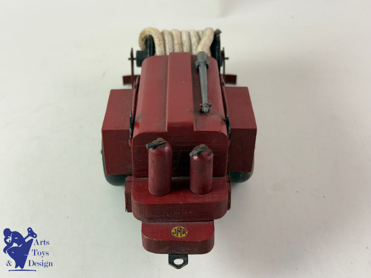 JOUET ANCIEN JMR LORENZI RARE JEEP BOIS ET TOLE POMPIER AV REMORQUE L 43CM