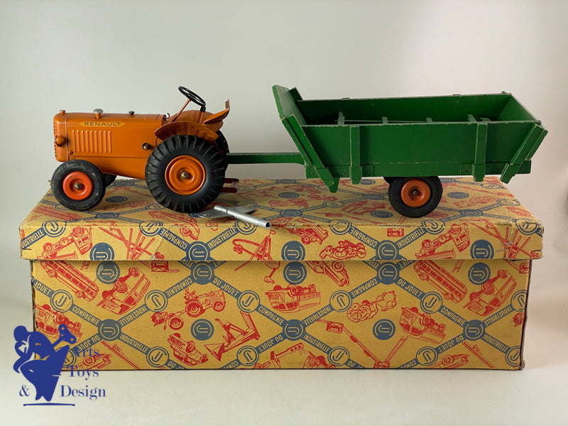 Antique toys CIJ 8/82 RENAULT TRACTOR Clockwork with Trailer 1/10 ° 1952