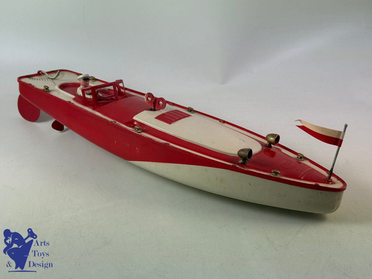 JOUET ANCIEN JEP 911-4 BATEAU CANOT DE COURSE MECANIQUE ROUGE 1935 47CM