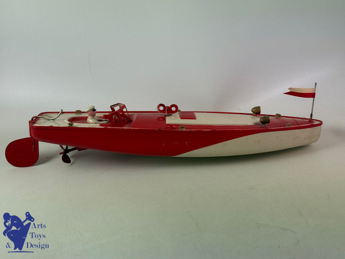 JOUET ANCIEN JEP 911-4 BATEAU CANOT DE COURSE MECANIQUE ROUGE 1935 47CM