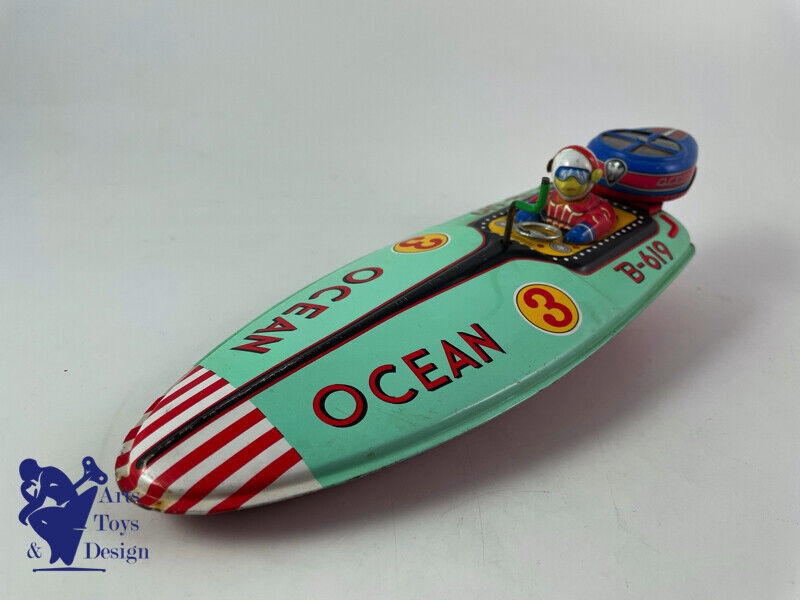 JOUET ANCIEN BANDAI B619 TIN OCEAN SPEED BOAT JAPAN FRICTION 30CM VERS 1950