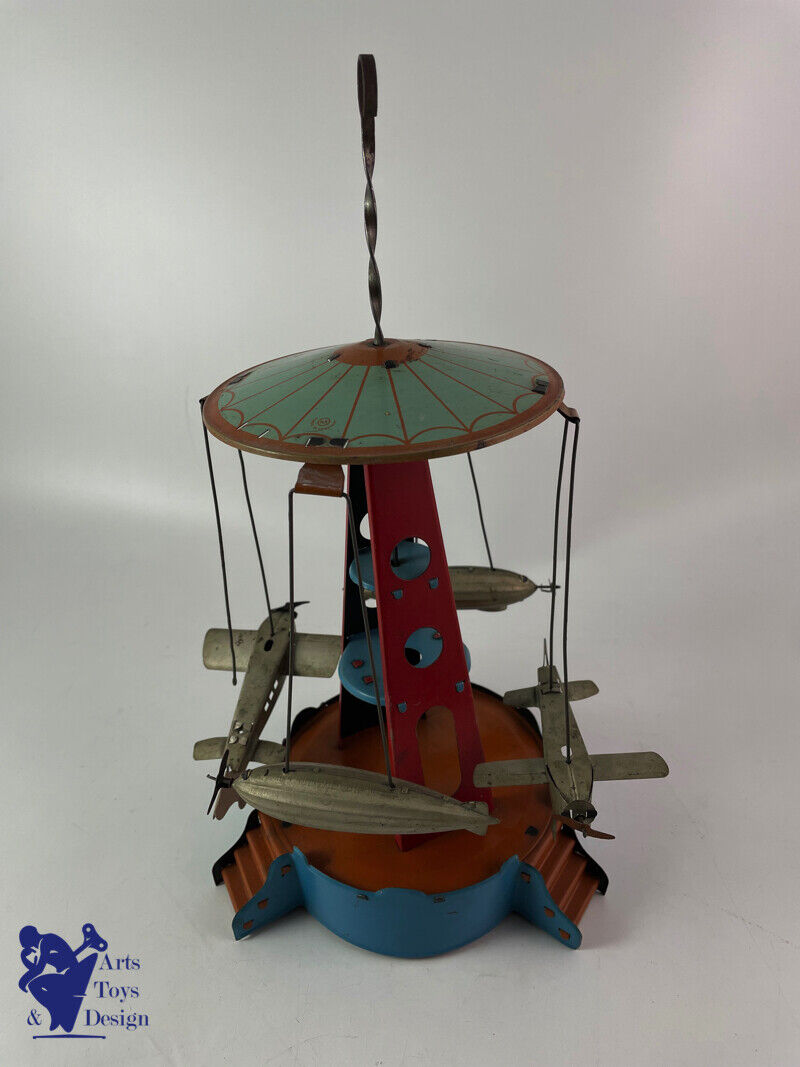 JOUET ANCIEN MANEGE CAROUSEL W&K WILHELM KRAUSS AVION ZEPPELIN C.1920 H 26CM