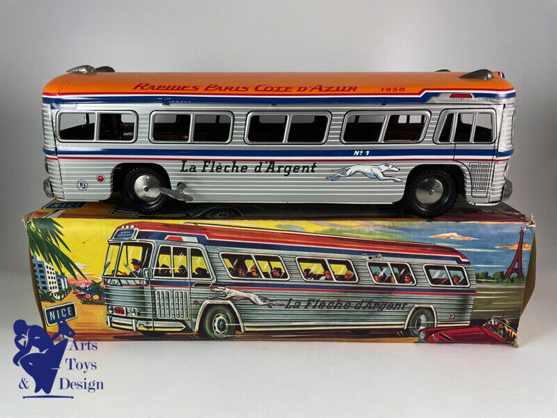 JOUET ANCIEN FRANCE JOUETS AUTOBUS GEANT LA FLECHE D'ARGENT MECANIQUE 45CM 1960 JOUET ANCIEN FRANCE JOUETS AUTOBUS GEANT LA FLECHE D'ARGENT MECANIQUE 45CM 1960