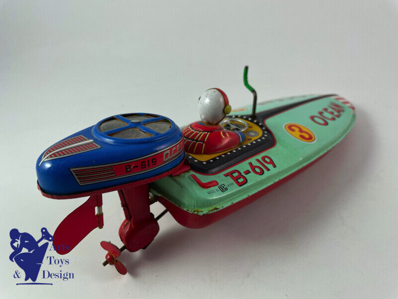 JOUET ANCIEN BANDAI B619 TIN OCEAN SPEED BOAT JAPAN FRICTION 30CM VERS 1950