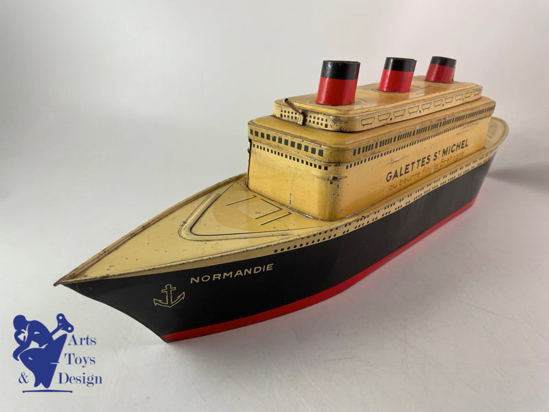 Antique toy biscuit box boat Liner Normandie Galettes St Michel L 57cm